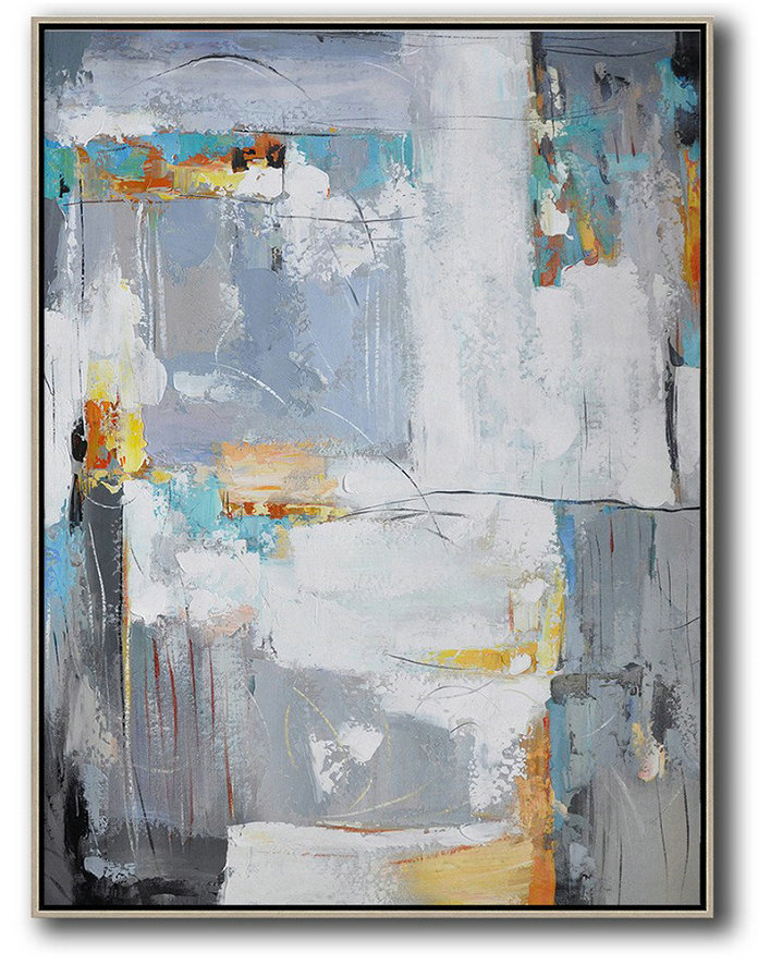 Big Canvas Painting,Vertical Palette Knife Contemporary Art,Extra Large Canvas Painting,White,Grey,Yellow.etc